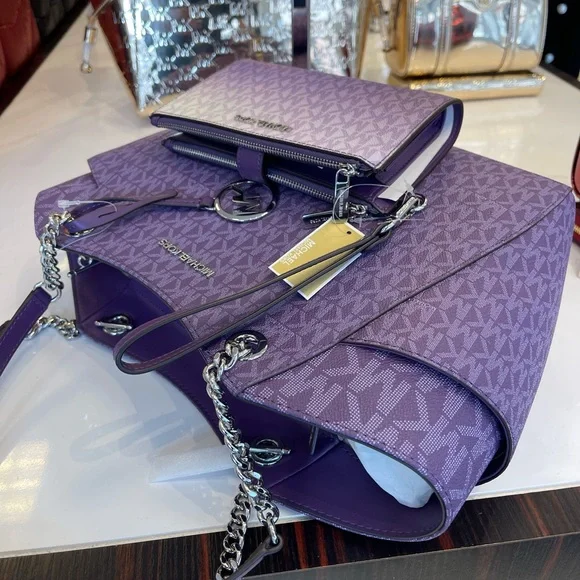 MICHAEL KORS JST Lg Chain Shoulder Tote & Double Zip Wristlet Wallet 
Dk Purple - Picture 15 of 16